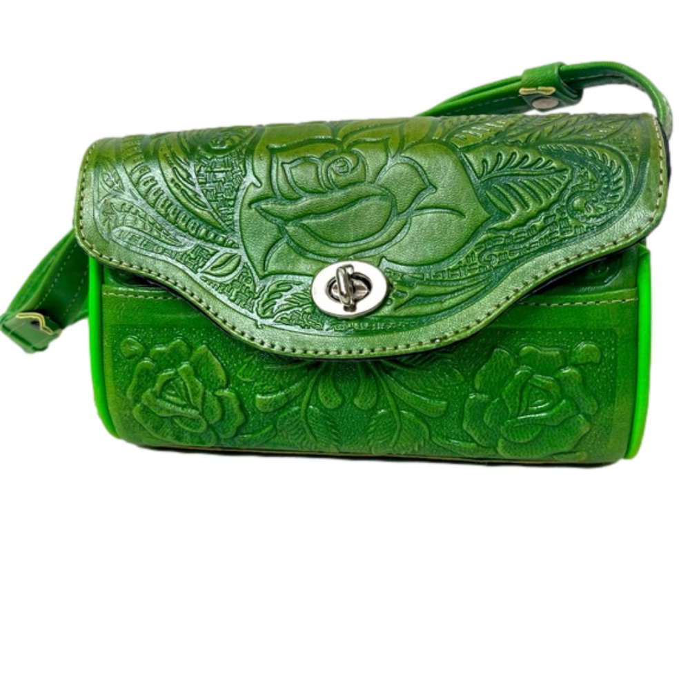 NWT Green Hand-tooled Leather Mini Bag Novelty Vintage Look